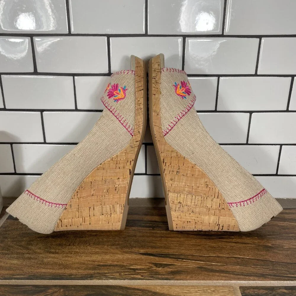 Toms Stella Womens Size 9.5 Shoes Natural Burlap Embroidery Peep Toe Wedge Heel